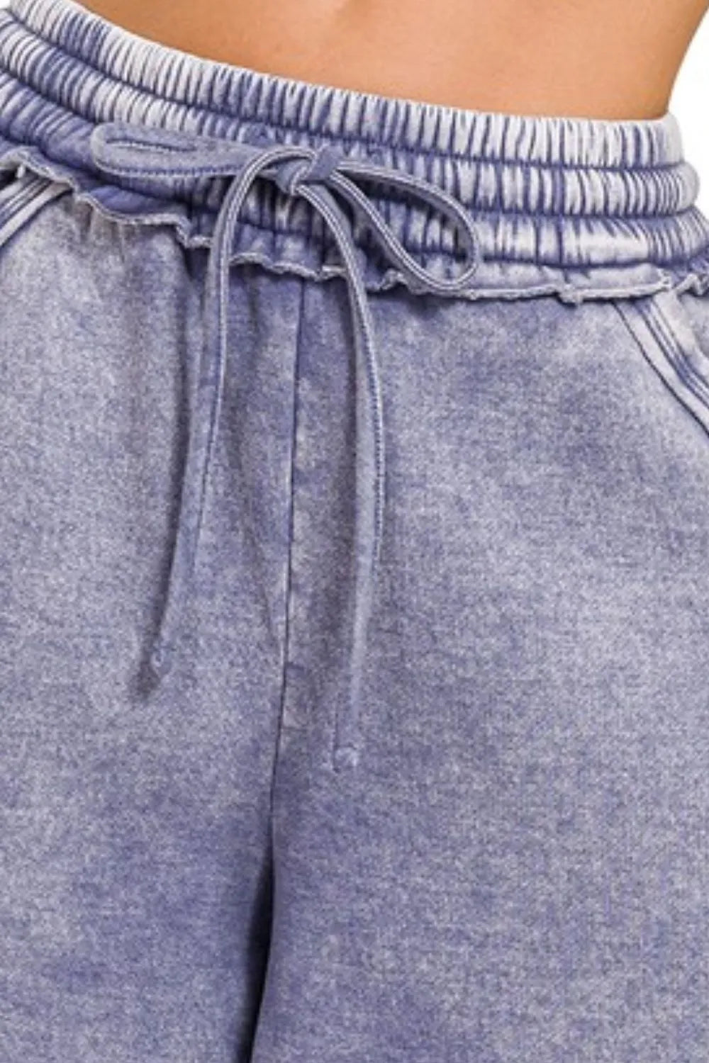 Zenana Acid Wash Fleece Drawstring Shorts With Pockets in Marlin