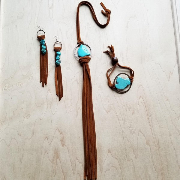 Turquoise Bracelet w Stone Slab & Adjustable Ties