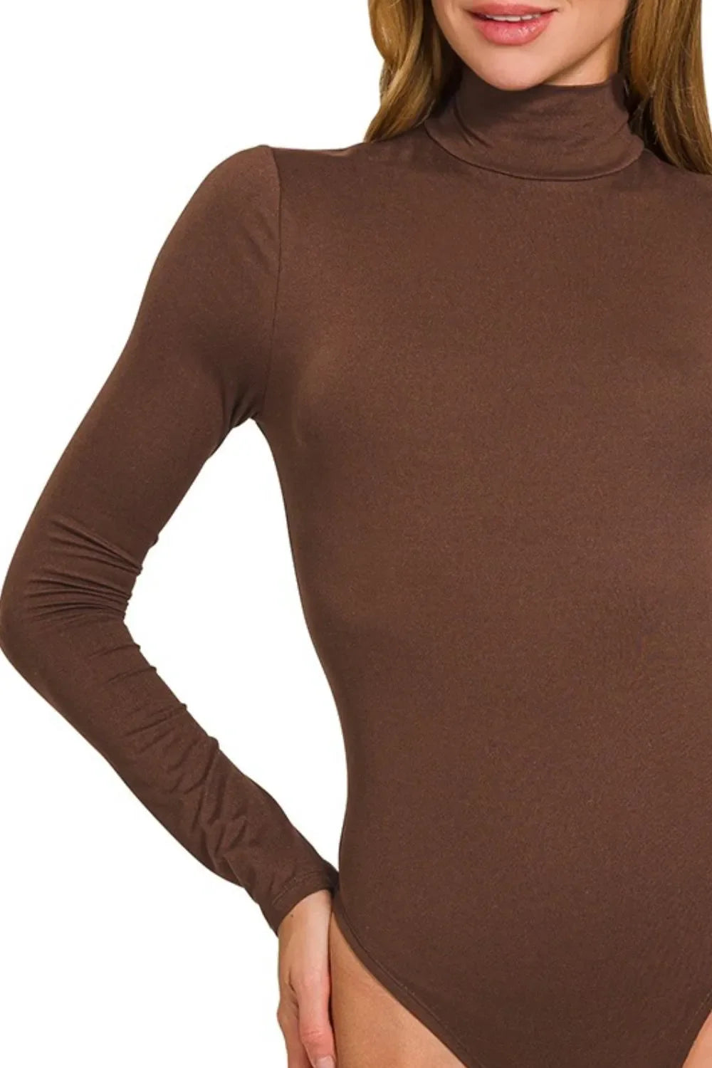 Zenana Mock Neck Long Sleeve Bodysuit in Mahogany