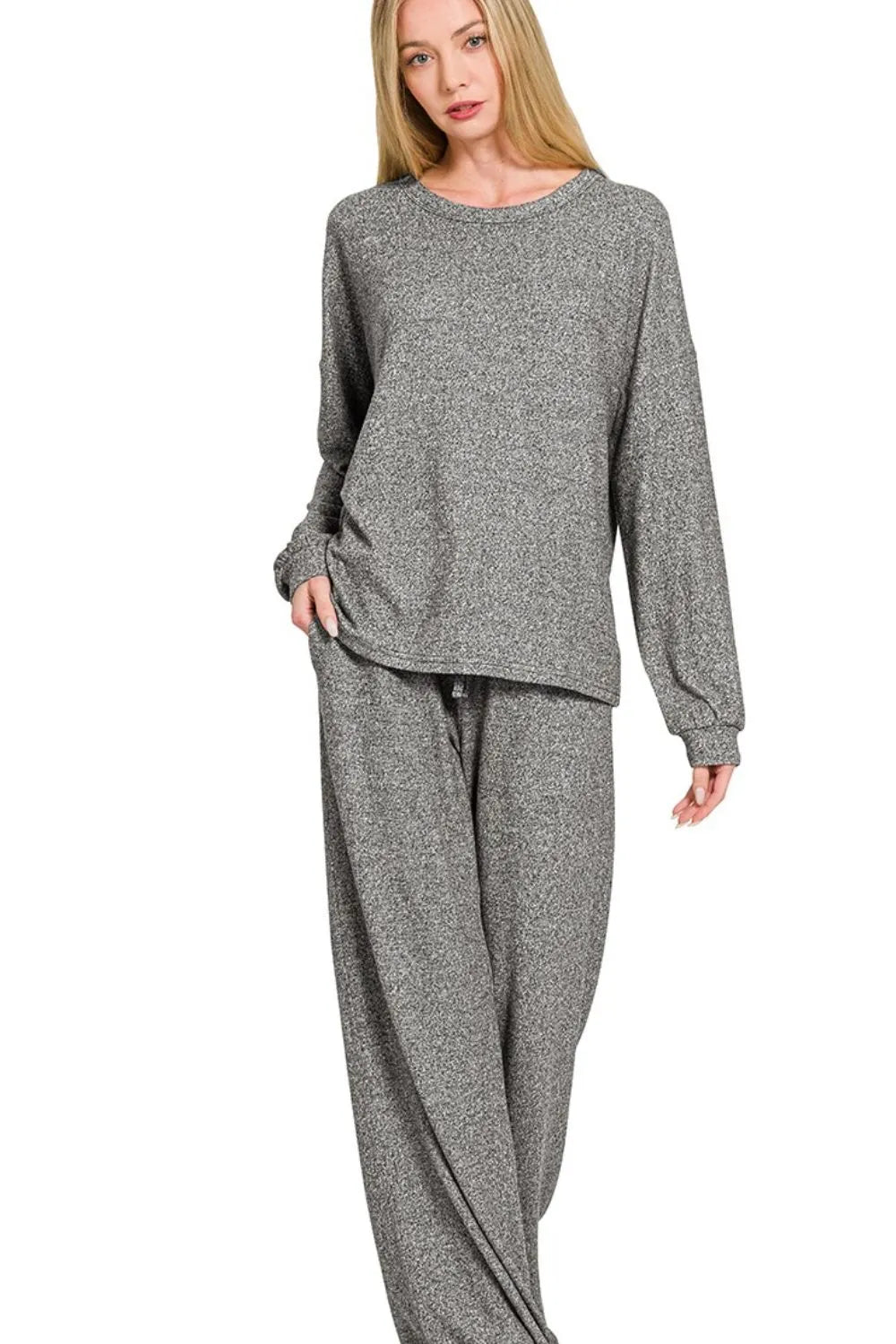 Zenana Soft Melange Hacci Long Slv Tee & Pants Set in Gray
