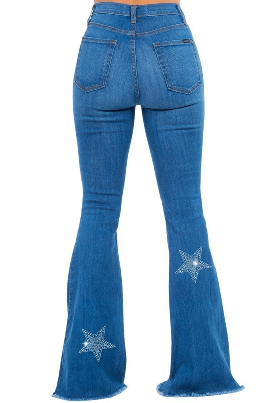 GJG Denim Star Rhinestone Bell Bottom Blue