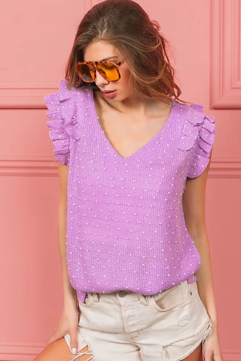 BiBi Layered Ruffle Swiss Dot Knit Top in Lavender