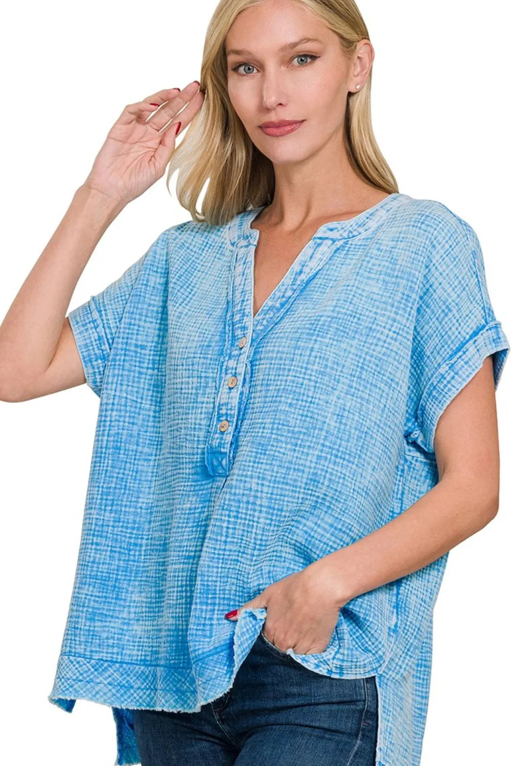 Zenana Washed Double Gauze 3/4 Button Henley Neck Shirt in Blue