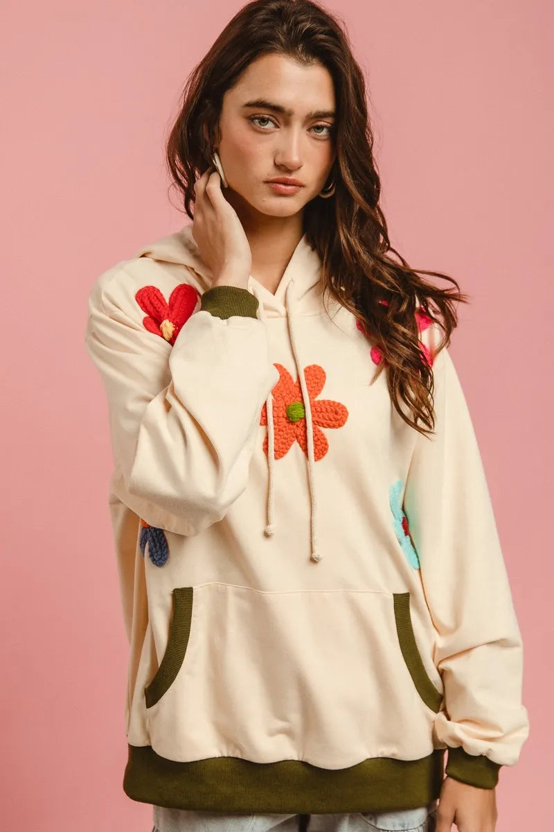 BiBi Patched Hoodie Top in Oatmeal