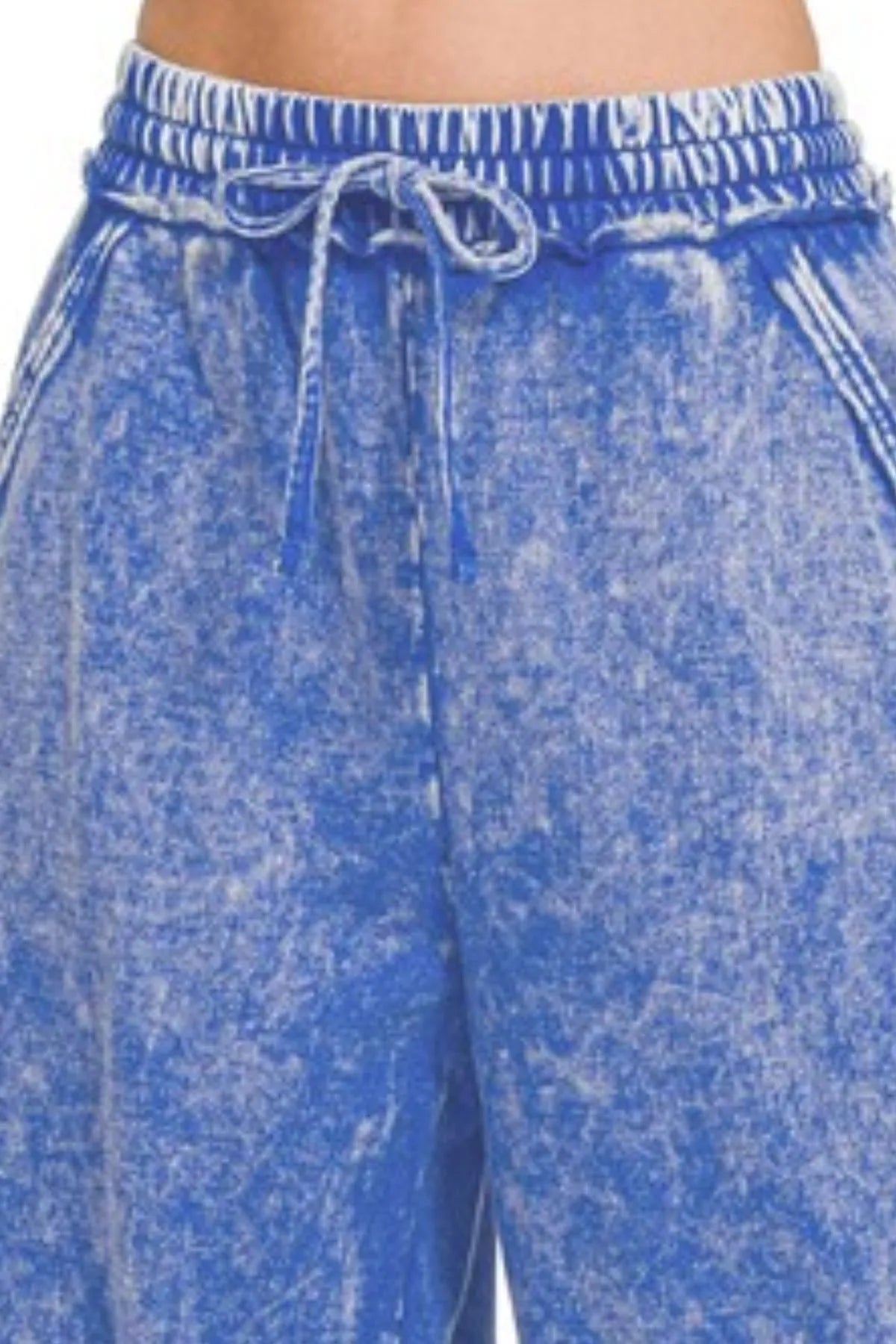 Zenana Washed French Terry Palazzo With Pockets in Blue