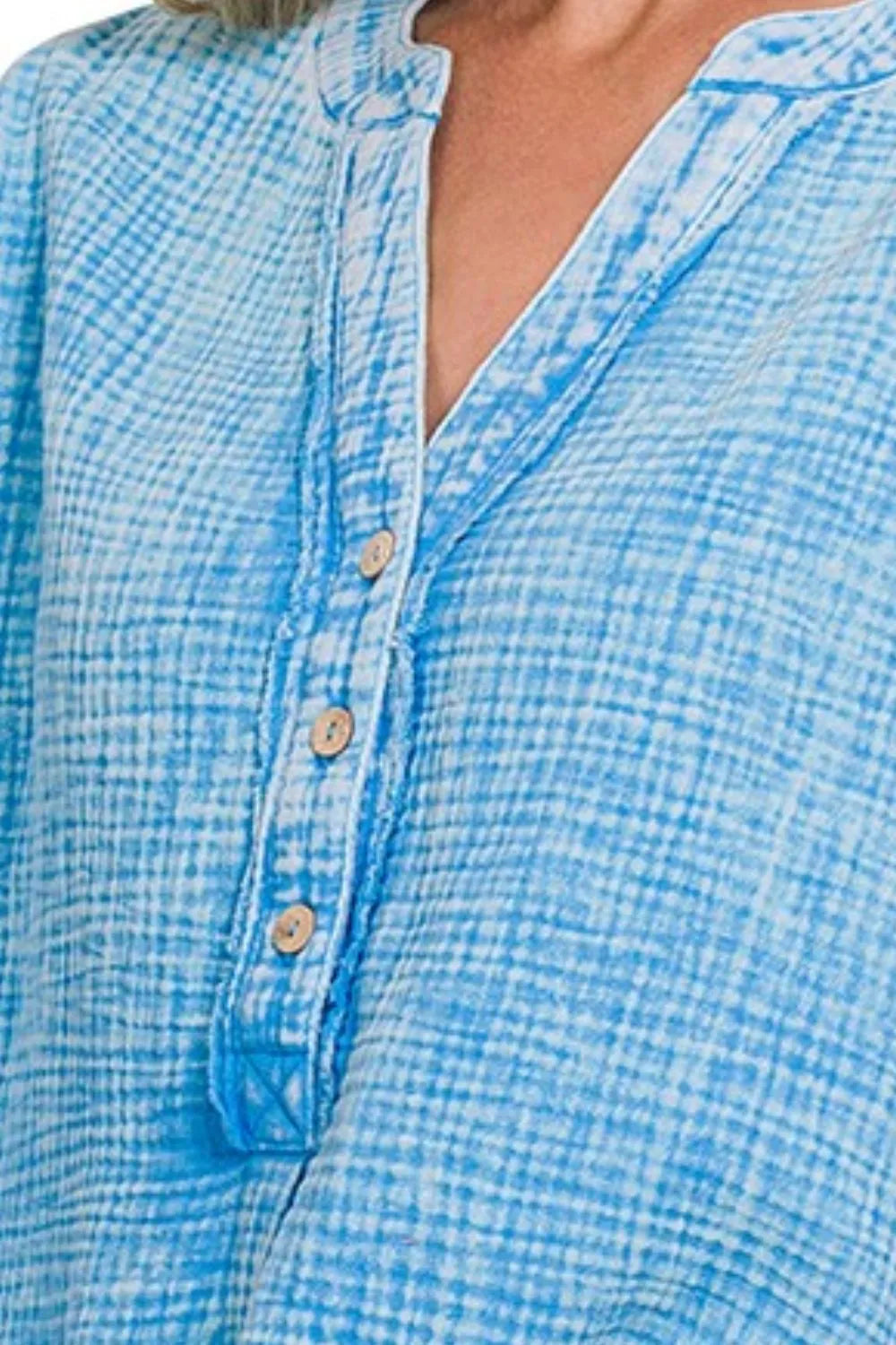 Zenana Washed Double Gauze 3/4 Button Henley Neck Shirt in Blue