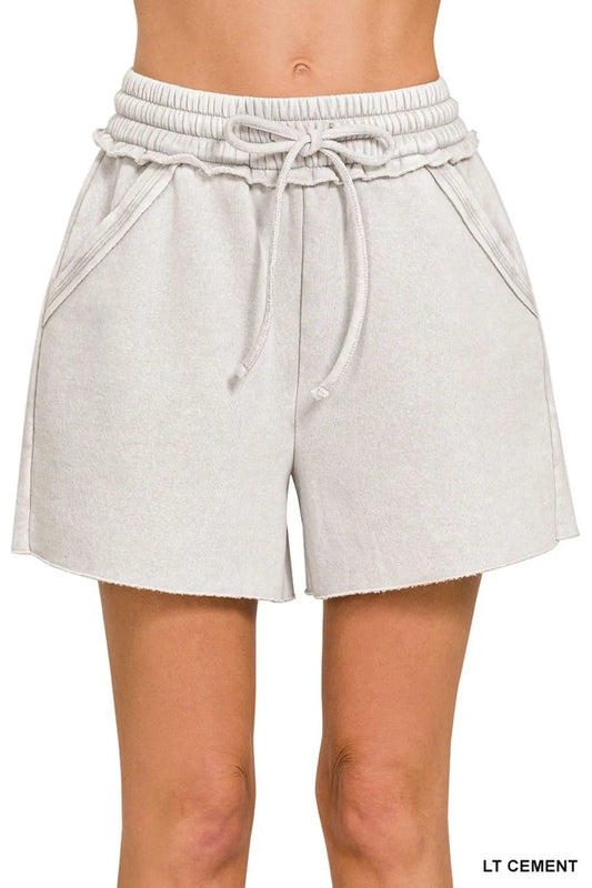 Zenana Acid Wash Fleece Drawstring Shorts With Pockets in Cement