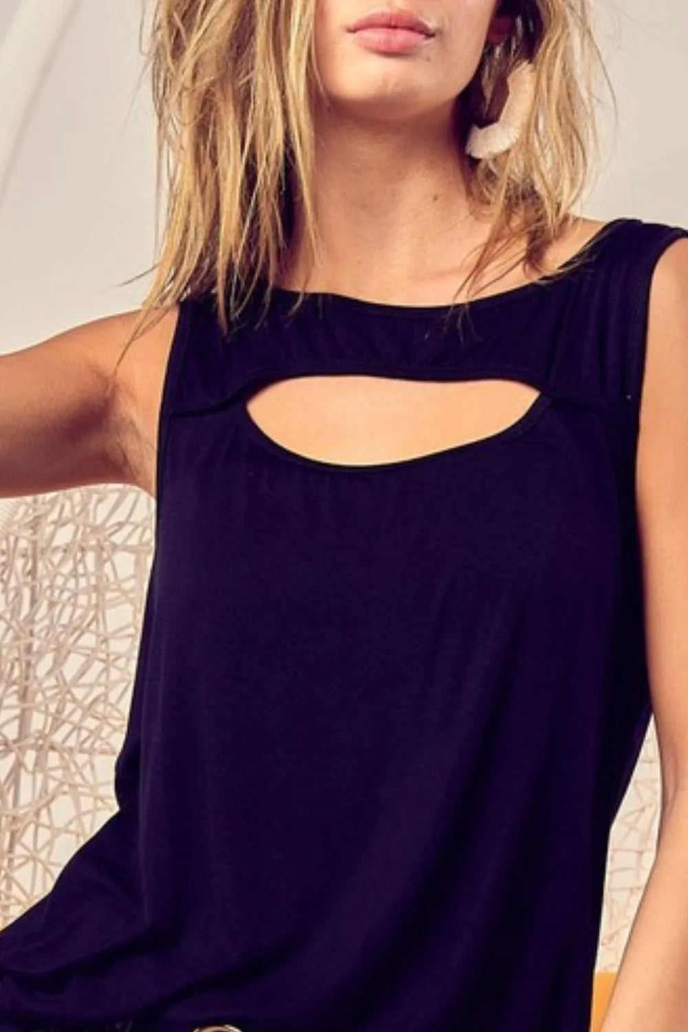 BiBi Rayon Span Knit With Cut Out Front Sleeveless Top in Black