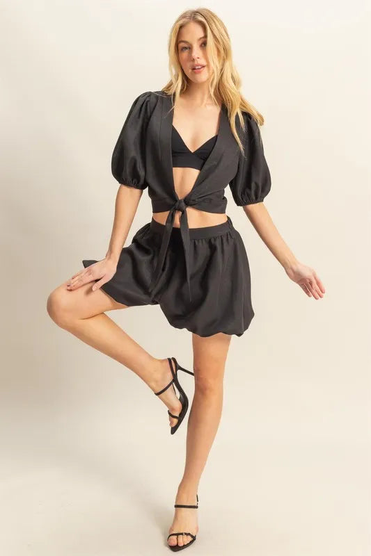 HYFVE Front Tie Top and Bubble Hem Shorts in Black