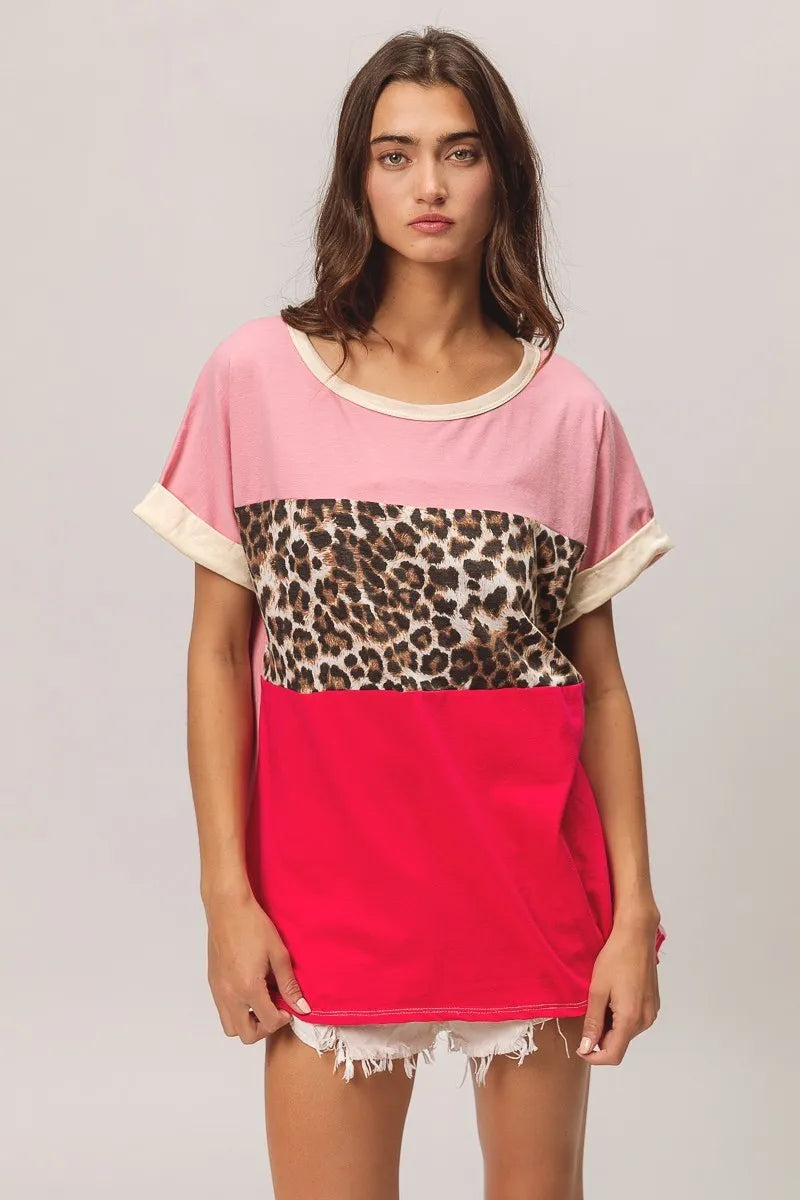 BiBi Leopard Printed Jersey  Color Block Roll Up in Pink