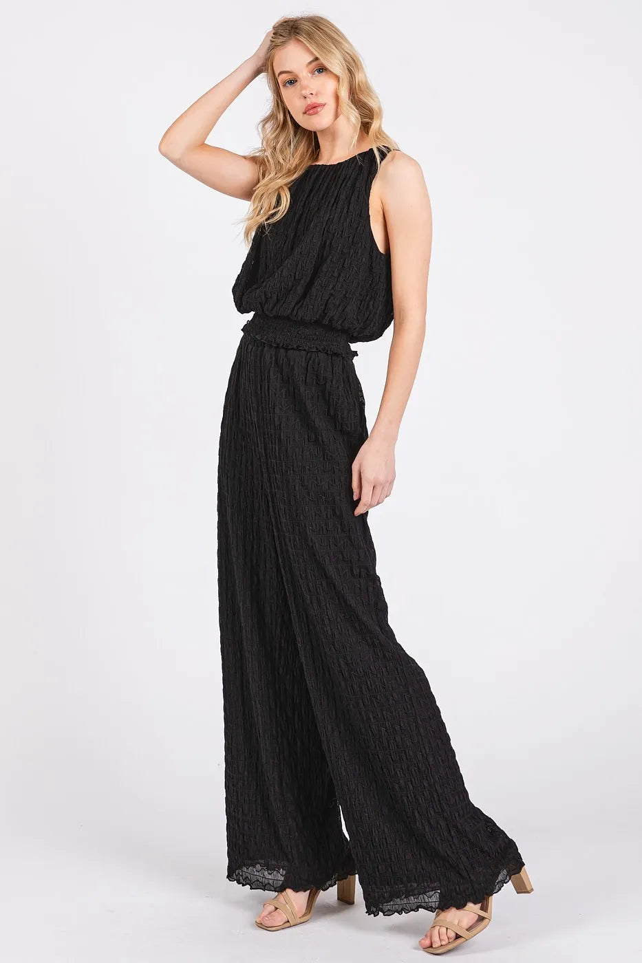 Mittoshop Textured Stretchy Crop Tank and Pants Set in Black