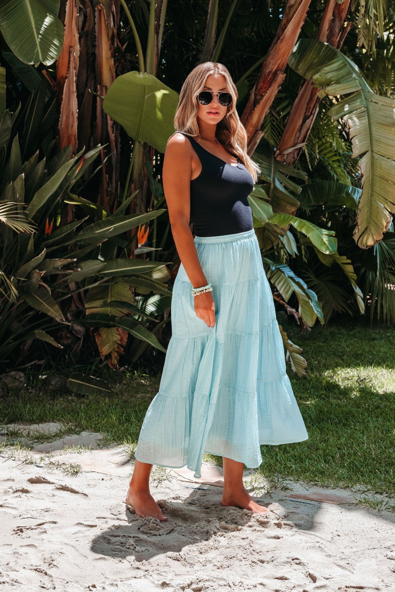 Evangeline Light Blue Tiered Midi Skirt - FINAL SALE