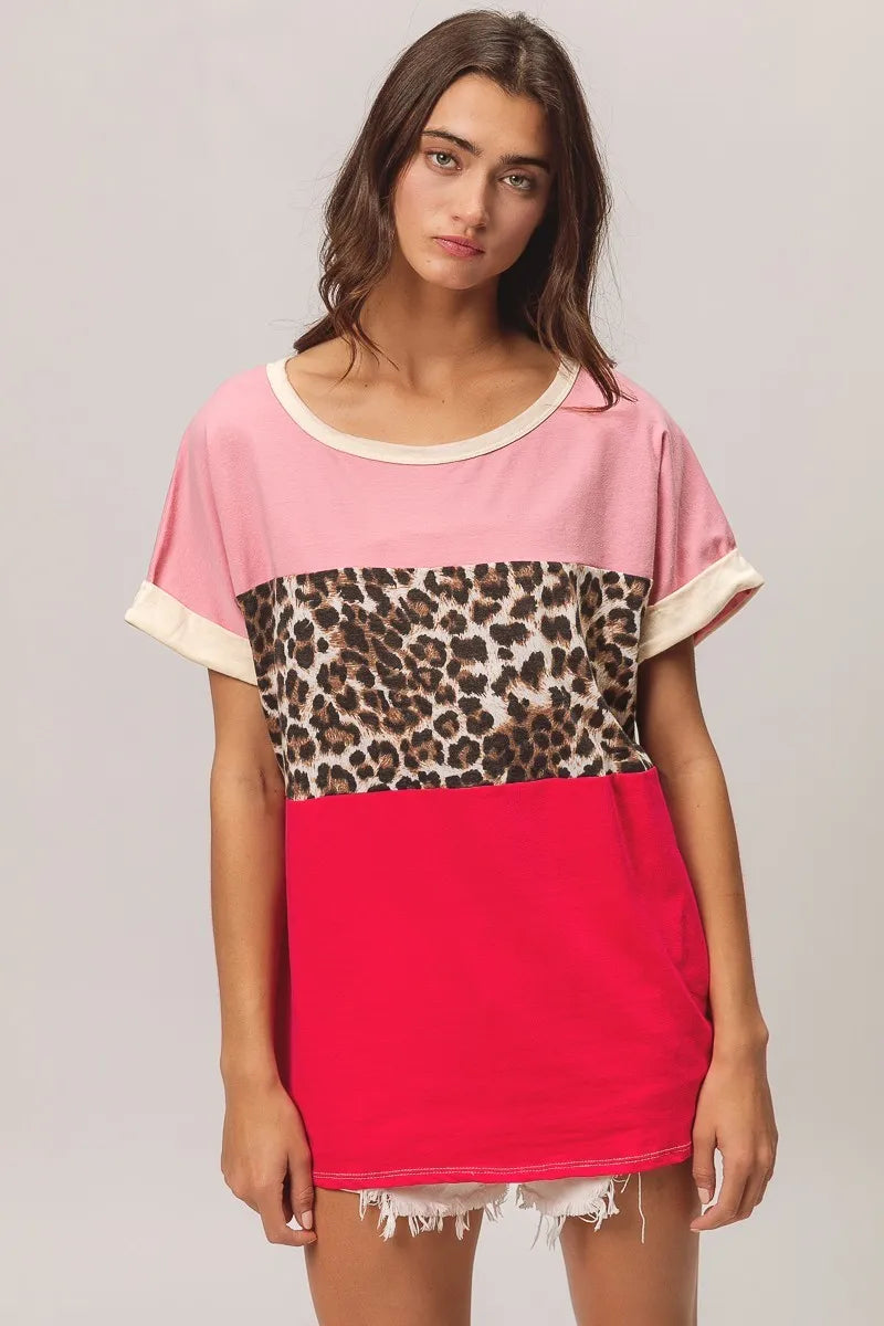 BiBi Leopard Printed Jersey  Color Block Roll Up in Pink