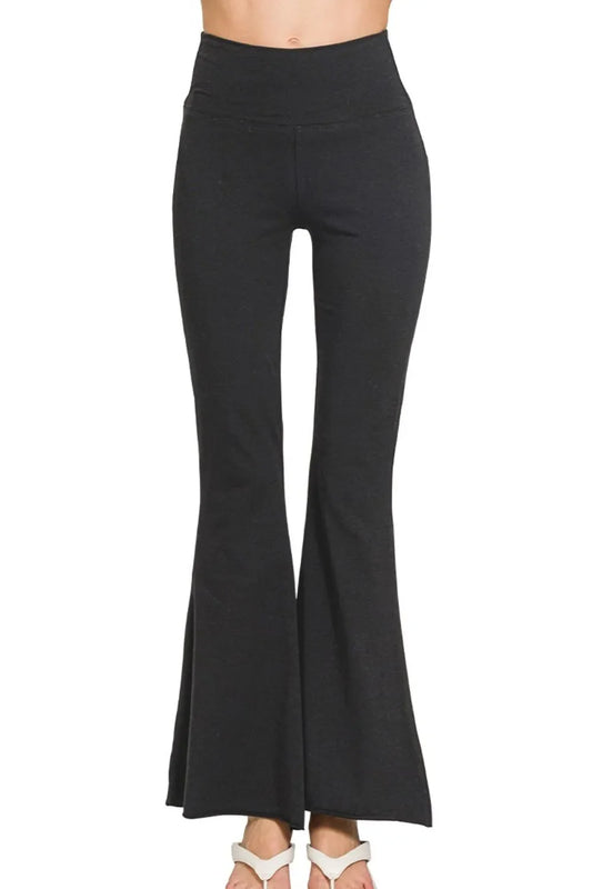 Zenana Raw Edge Hem Flare Yoga Pants in Black