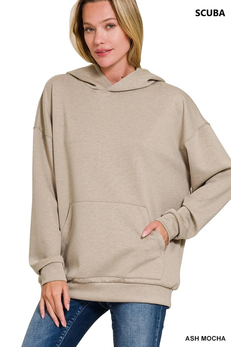Zenana Oversized Scuba Hoodie with Kangaroo Pocket in Mocha