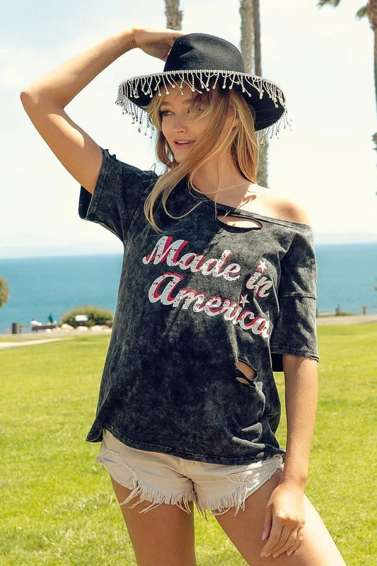 BiBi Laser Cut Mineral Washed America Print Top in Black