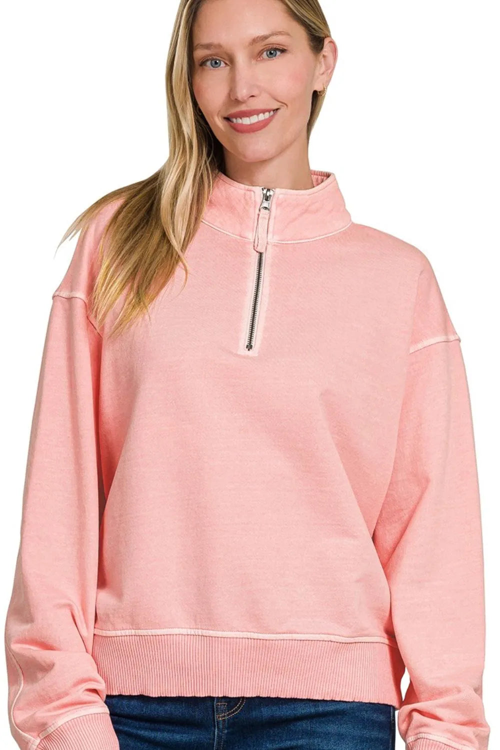 Zenana F/terry Pigment Dye & Enzyme Washing Half Zip Top in Pink