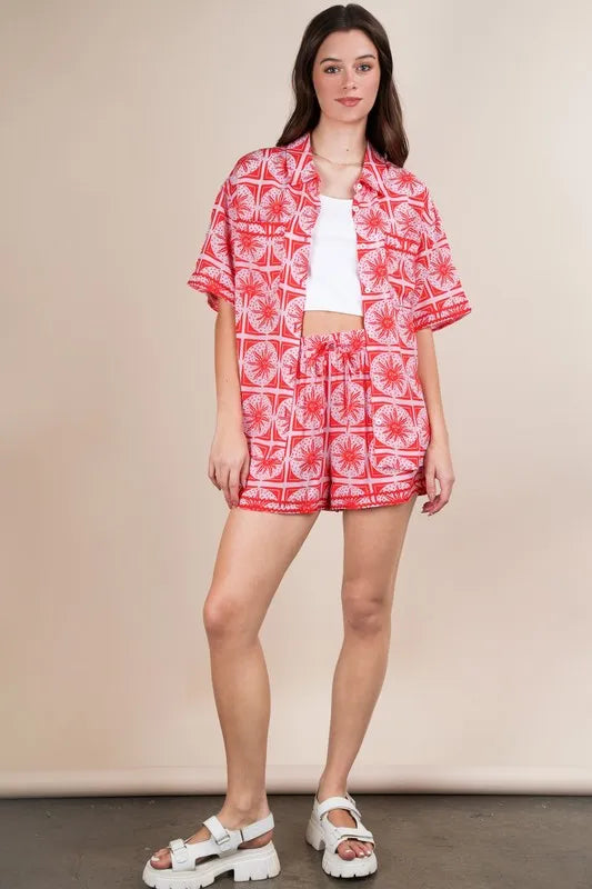VERY J Tropical Printed Shirt Top and Shorts Set in Tomato