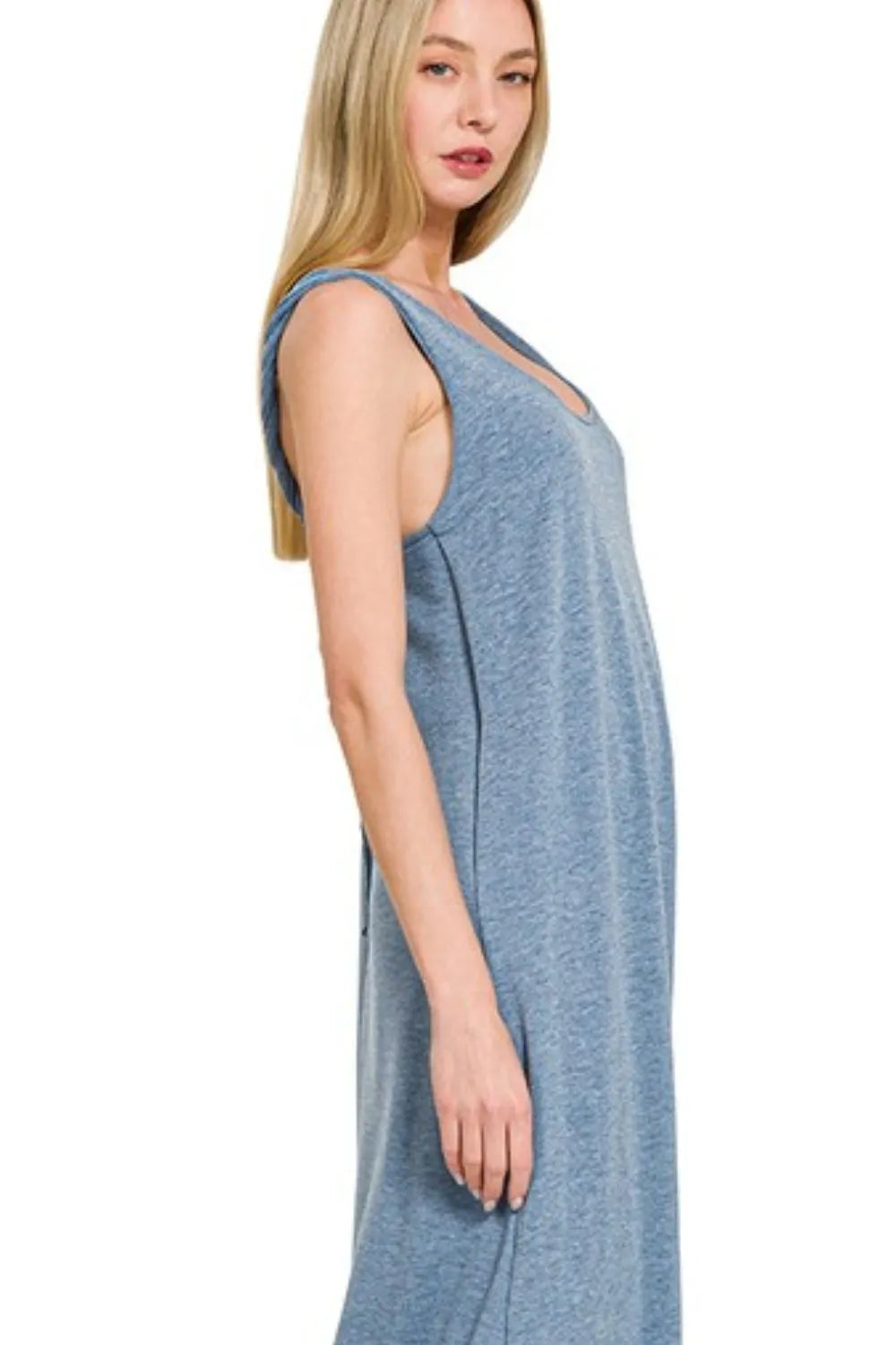 Zenana French Terry Twisted Strap Midi Dress in Blue