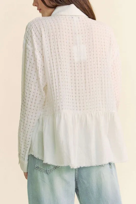Davi & Dani Garment Washed Jacquard Button Front Shirt in White