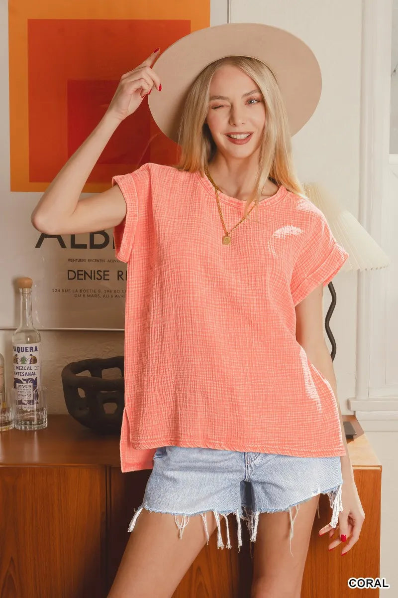 Zenana Woven Double Gauze Acid Washed Sleeve Top in Coral