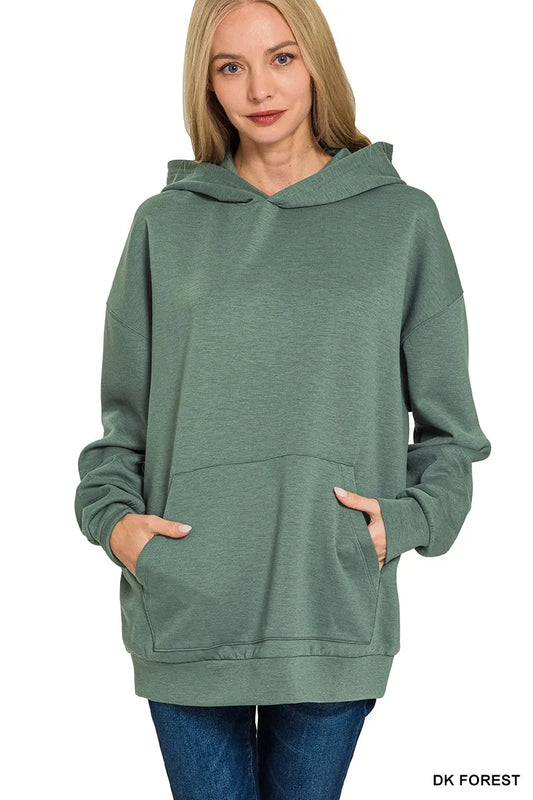 Zenana Oversized Scuba Hoodie with Kangaroo Pocket in Forest