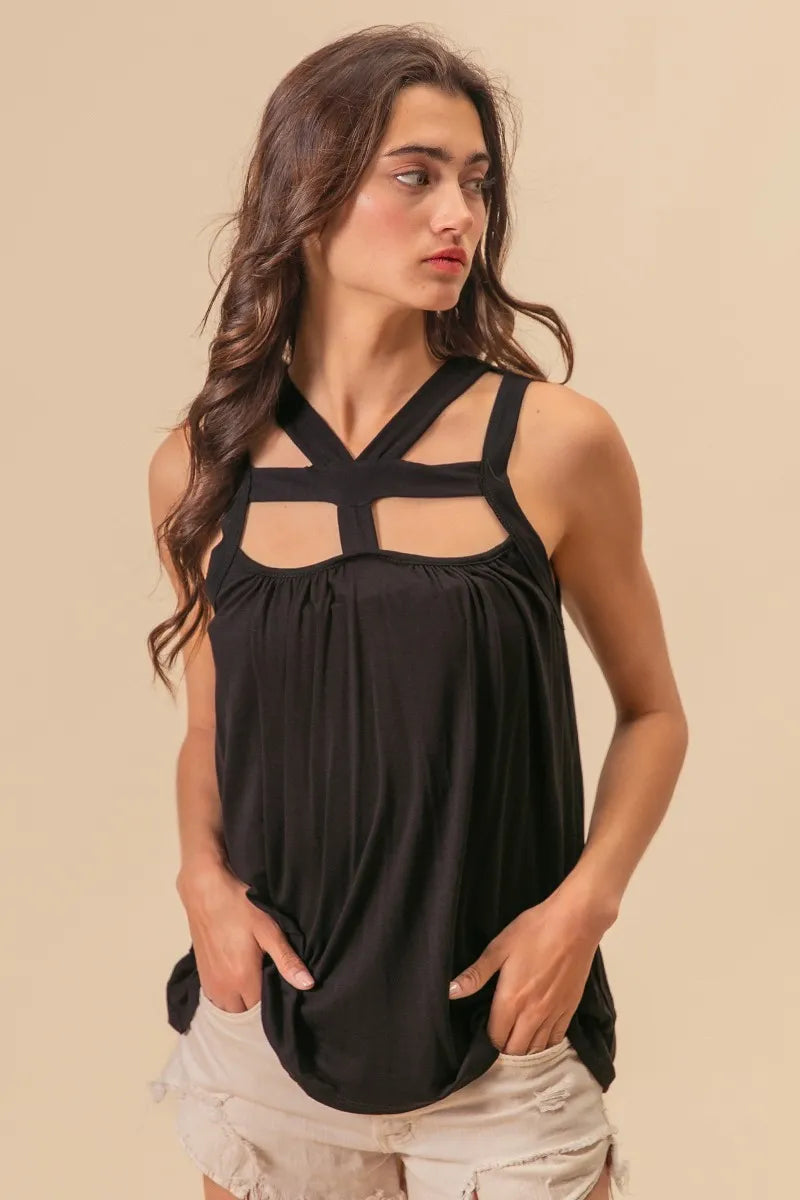 BiBi Rayon Span Jersey Cut Out with Straps Detailed in Black