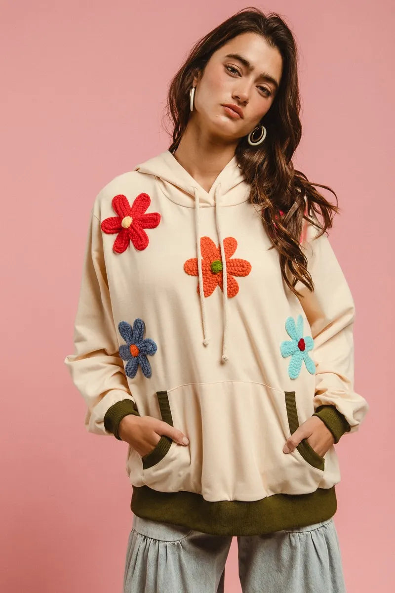 BiBi Patched Hoodie Top in Oatmeal