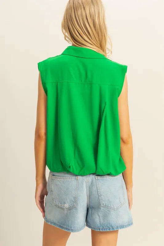 HYFVE Buttoned Front Sleeveless Collar Shirt in Green