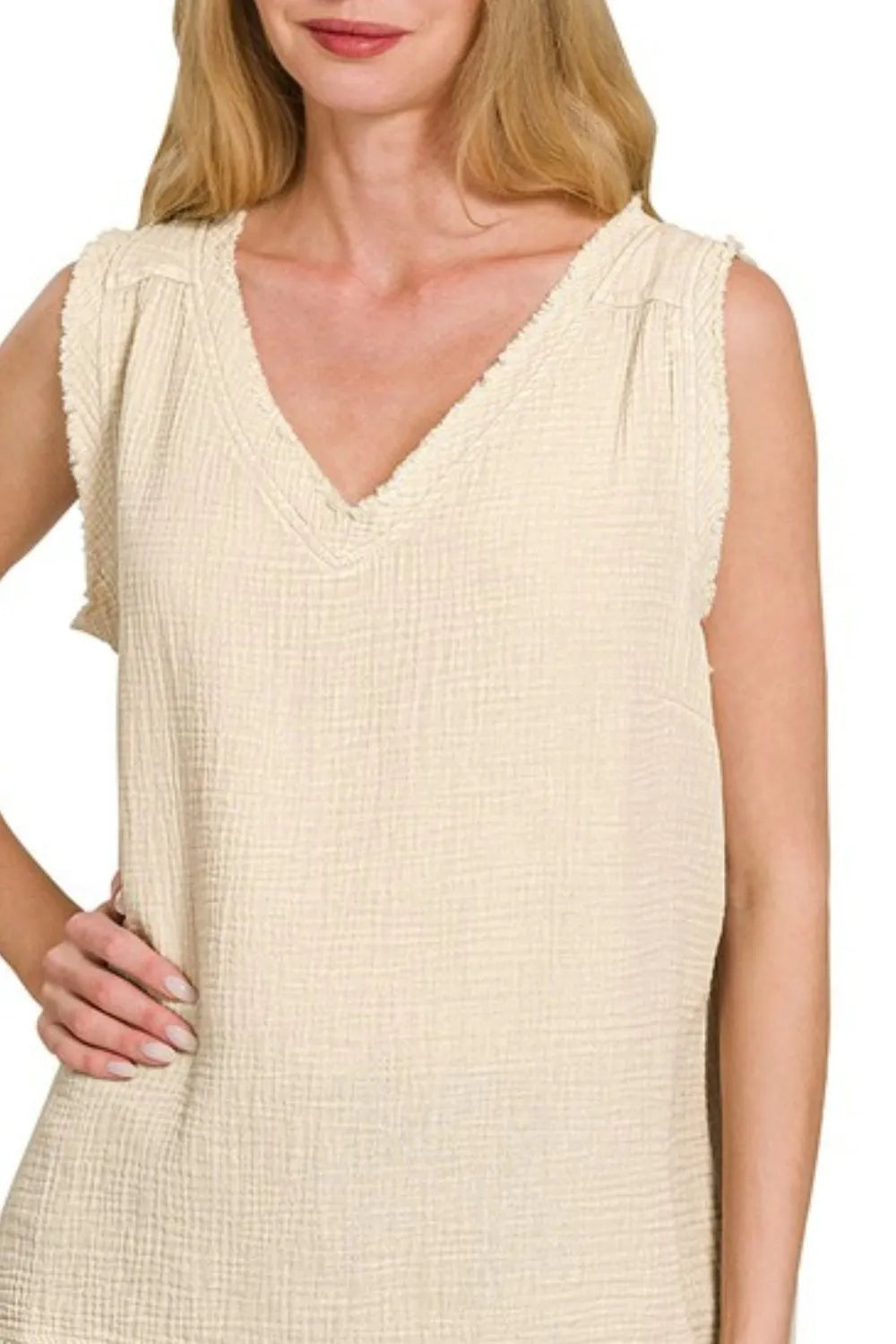 Zenana Double Gauze Raw Edge Acid Washed Tank in Beige