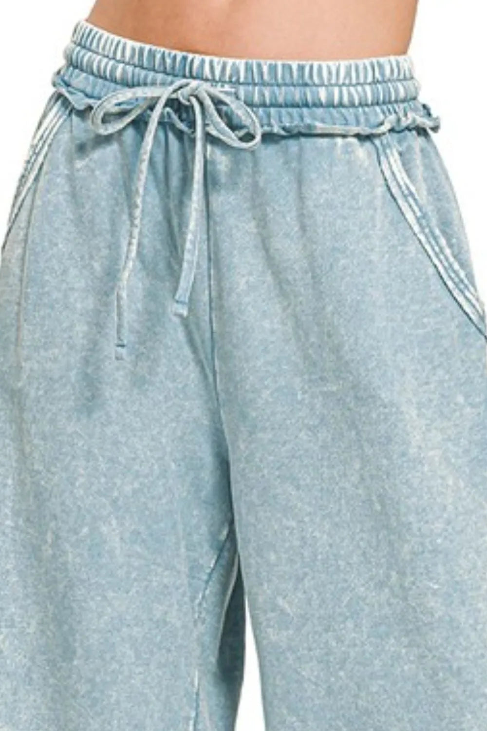 Zenana Washed French Terry Palazzo With Pockets in Blue Grey