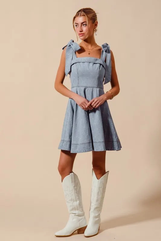 SO ME A Line Fit and Flare Diamond Bow Ribbon Denim Dress