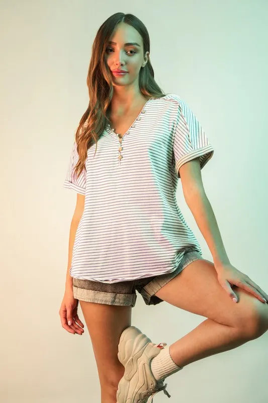 VERY J Striped V-Neck Short Sleeve T-Shirt in Lavender