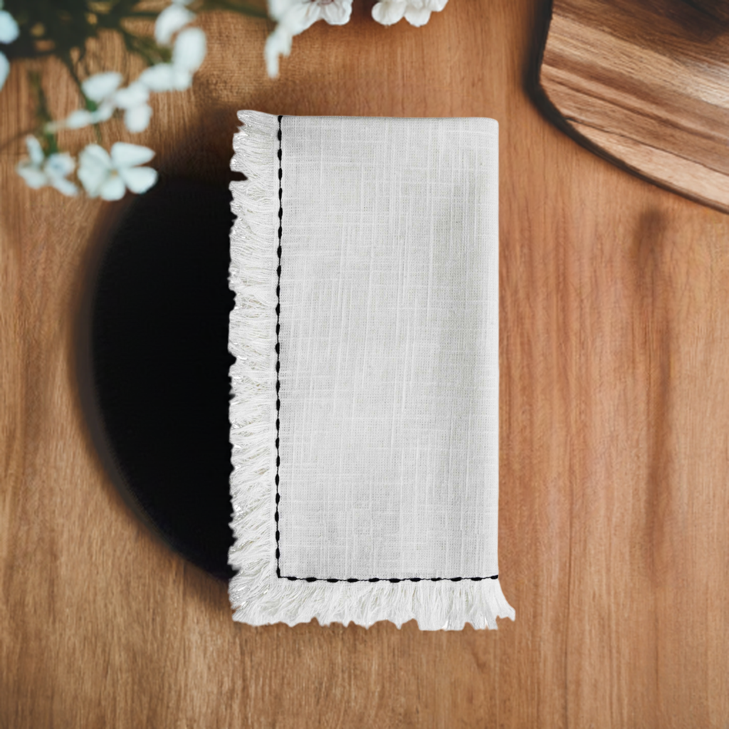 Table Cloth Napkins Set of 4 with Black Embroidery