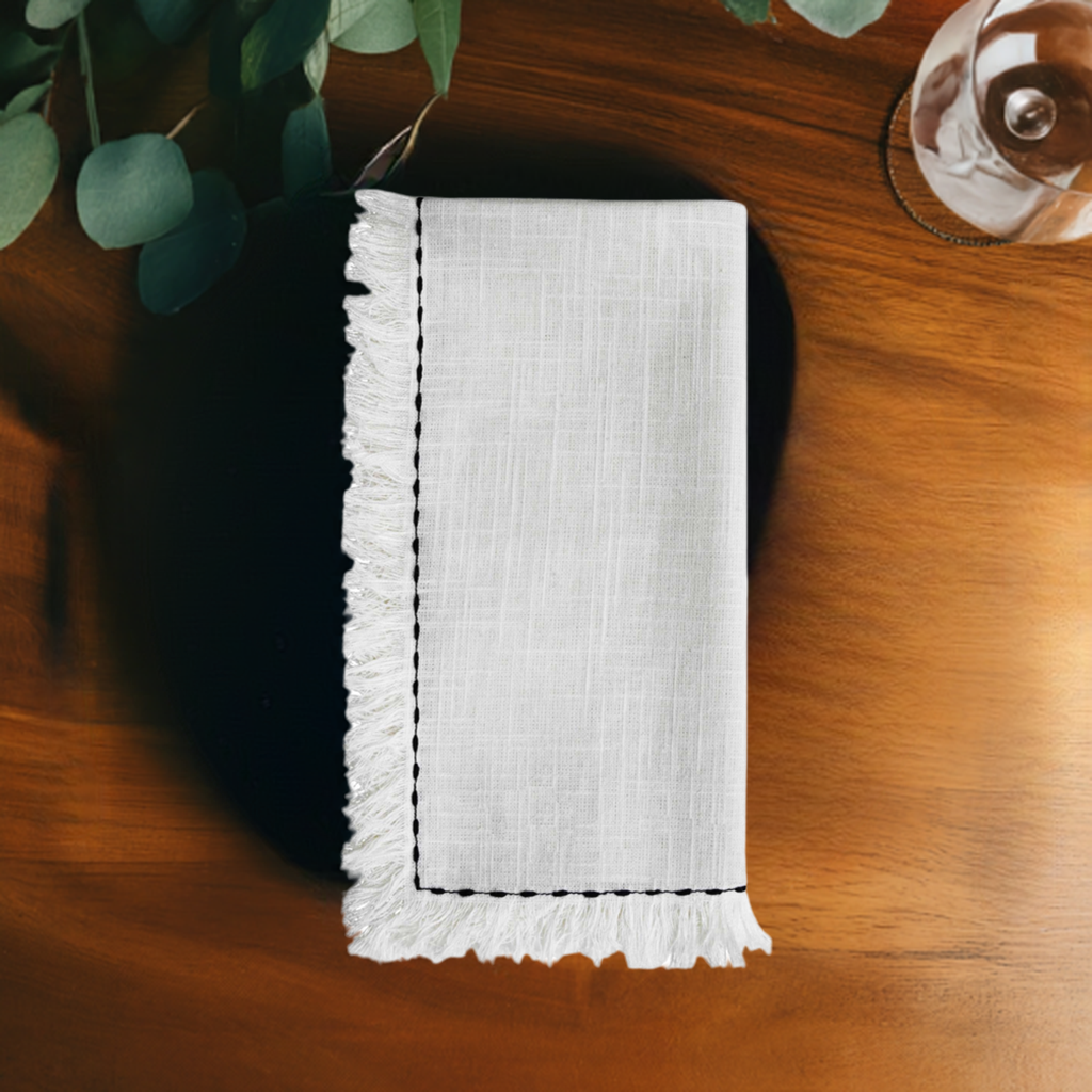 Table Cloth Napkins Set of 4 with Black Embroidery