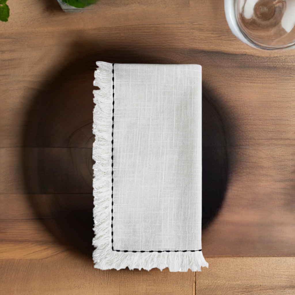 Table Cloth Napkins Set of 4 with Black Embroidery