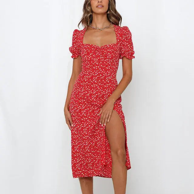 Floral Square Neck Puff Sleeve Dress
