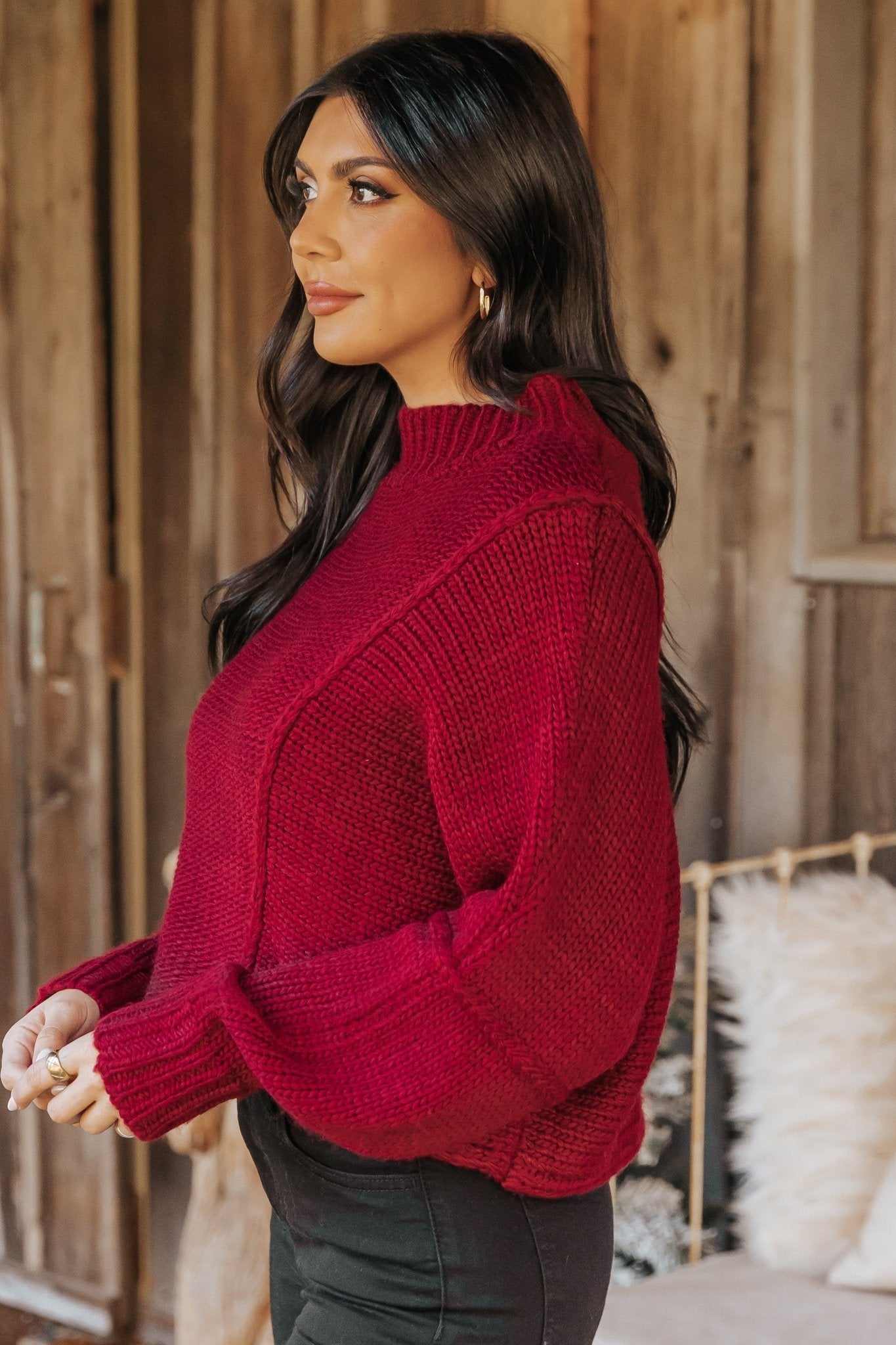 Seam Detail Mock Neck Sweater - Wine - FINAL SALE