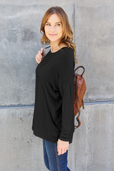 Full Size Round Neck Dropped Shoulder Long Sleeve Women T-Shirt - Green, Blue, Black, Charcoal