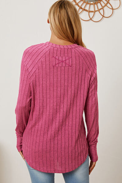 Women Full Size Ribbed Top Thumbhole Long Sleeve T-Shirt - Blue, Pink, Red, Teal, Navy