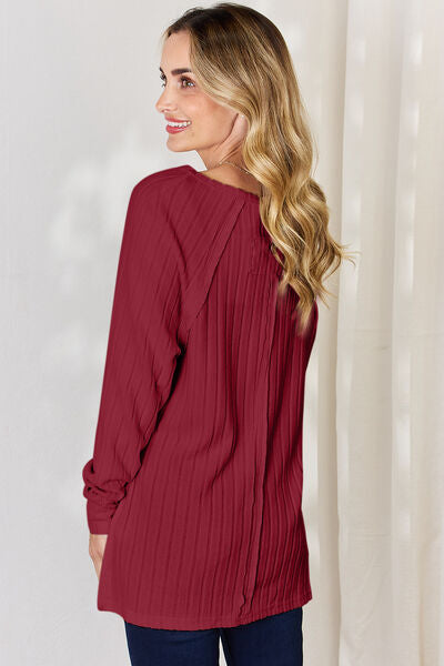 Women Full Size Ribbed Round Neck Long Sleeve Slit T-Shirt - Grey, Green, Red, Yellow, Blue