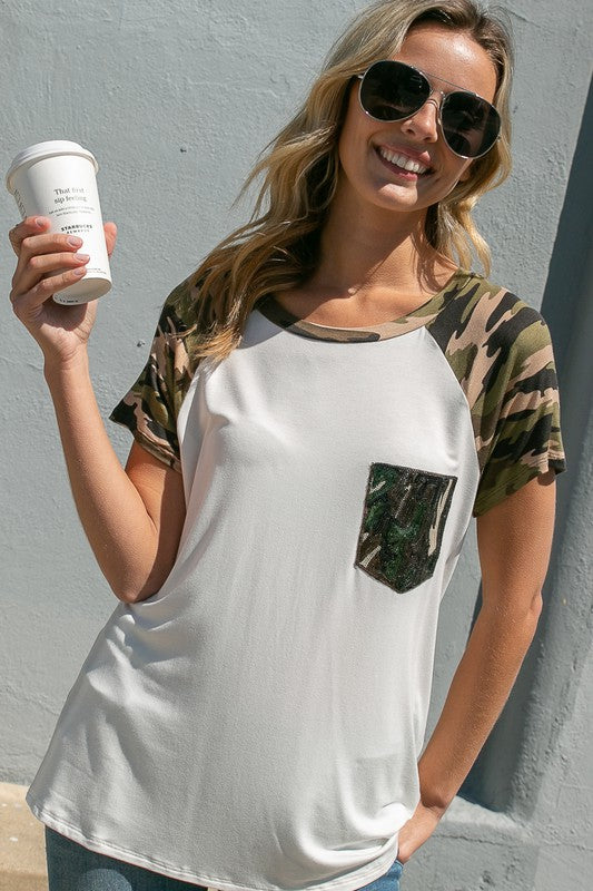 PLUS SOLID CAMO SEQUINS POCKET TOP