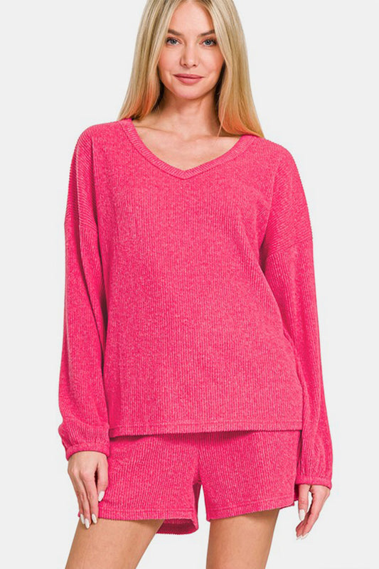 Zenana V-Neck Long Sleeve Ribbed Top and Shorts Set in Strawberry
