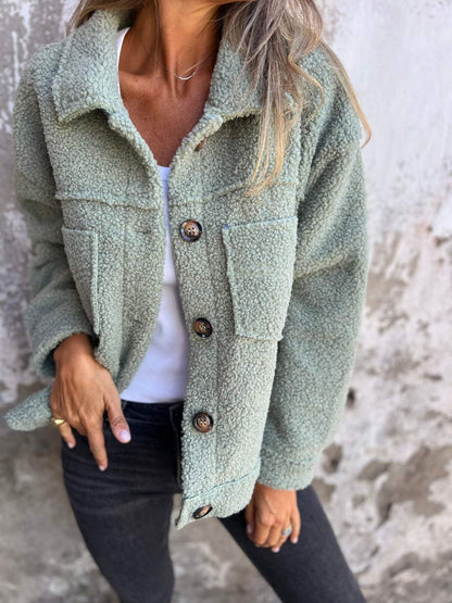 Full Size Fuzzy Button Up Drop Shoulder Jacket