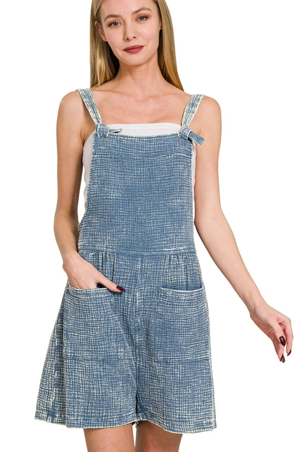 Zenana Woven Double Gauze Acid Washed Romper in Blue