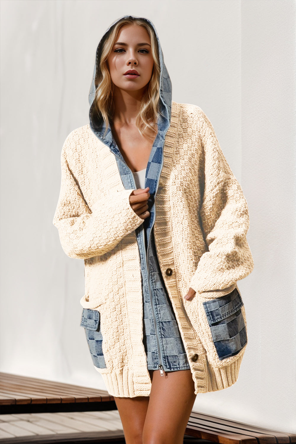 Double Take Full Size Hooded Denim Spliced Sweater Cardigan