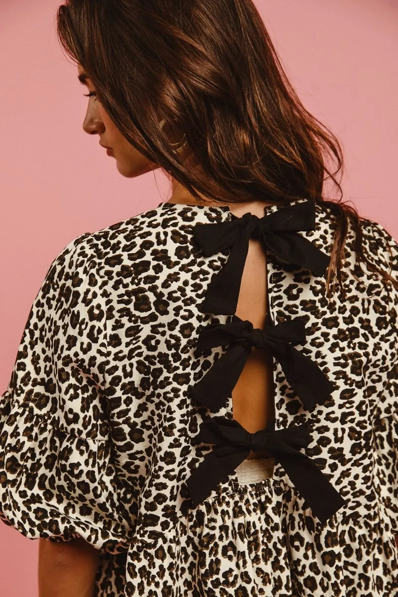 BiBi Leopard Denim Dress With Back Contrast Tie Detail