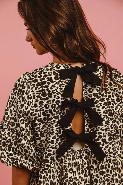 BiBi Leopard Denim Dress With Back Contrast Tie Detail