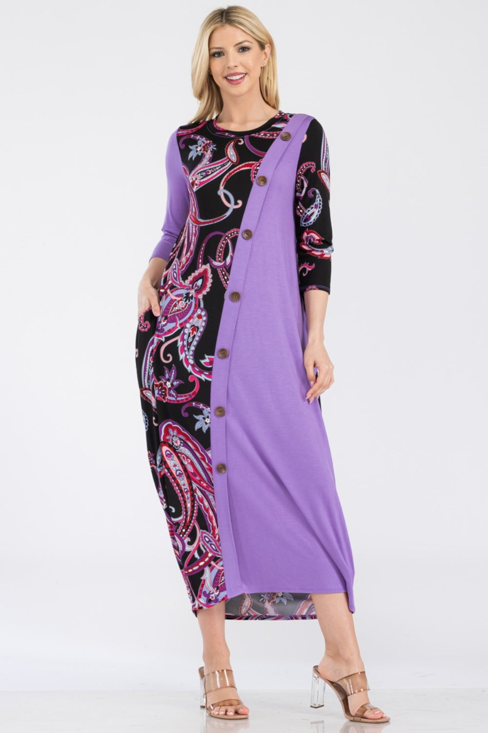 Celeste Full Size Paisley Contrast Midi Dress with Pockets