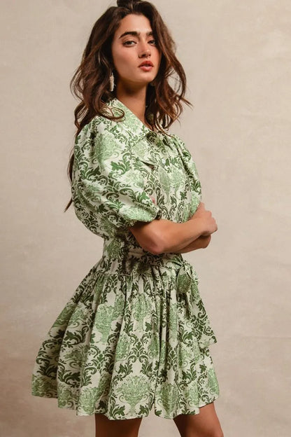 BiBi Tied Floral Short Sleeve Mini Shirt Dress
